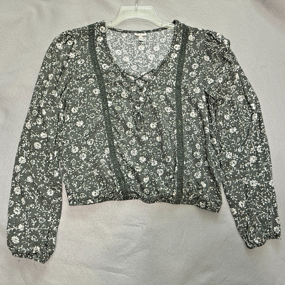 Self E Tops - Self E Women's Crop Top Size M Green Floral Elastic Waist Peasant Cottagecore